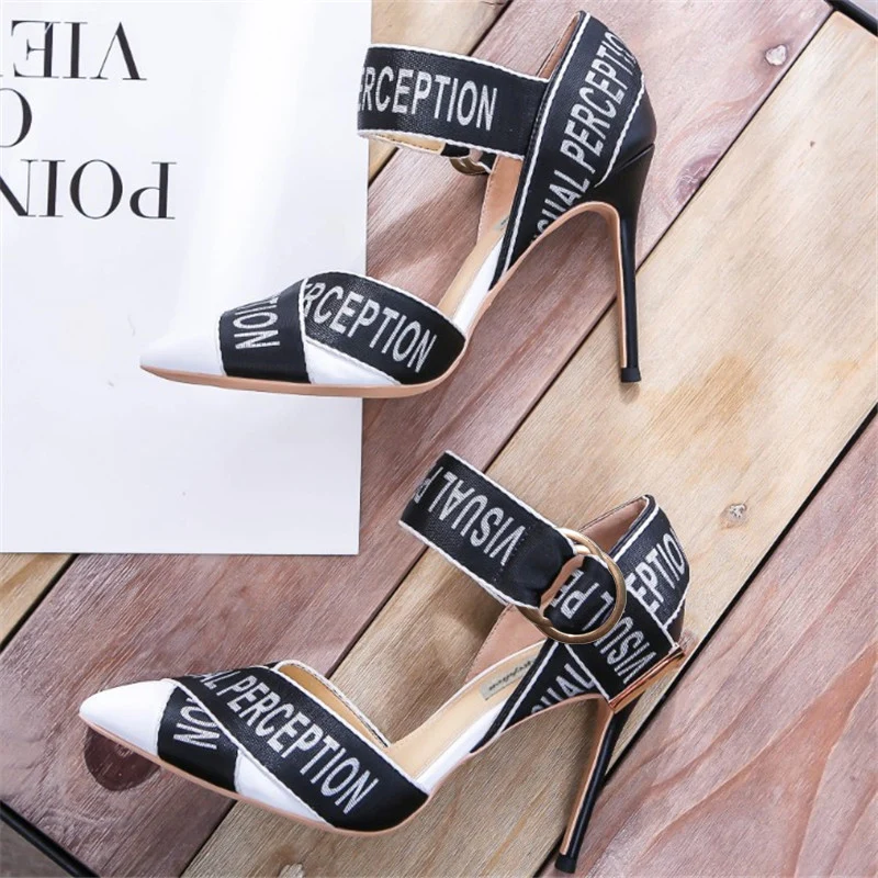 

Luxury Designer Shoes Mixed Colors Women Pumps Pointed Toe Ladies shoes Fashion Letter Ribbon Thin High Heels zapatos de mujer