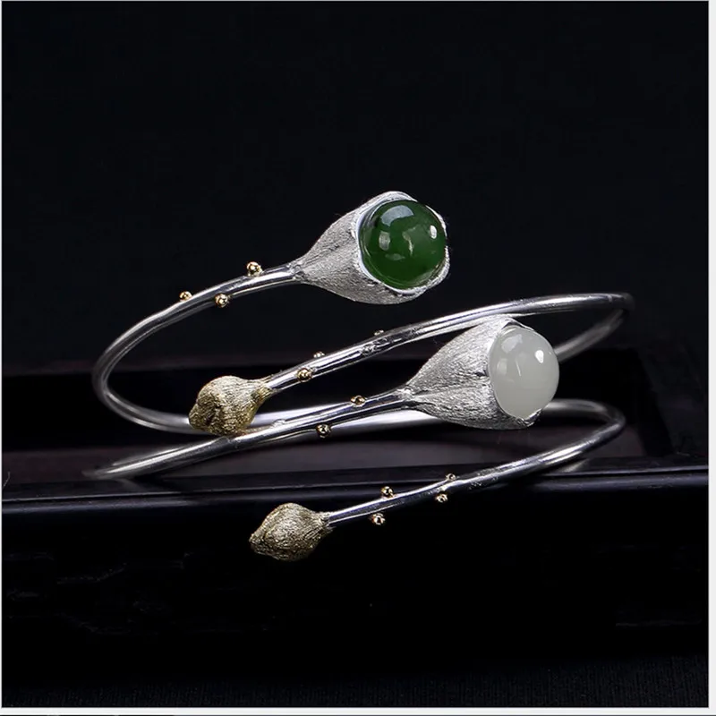 Женский браслет из серебра 100% пробы с натуральным нефритом|Гибкие и жесткие