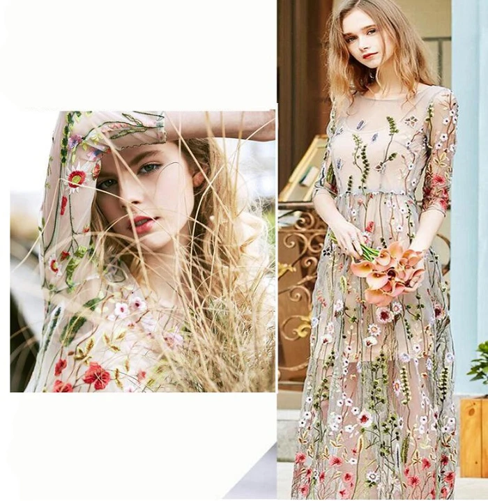 Ткань вышитая Марля зеленая трава цветок для ручной работы Швейные материалы