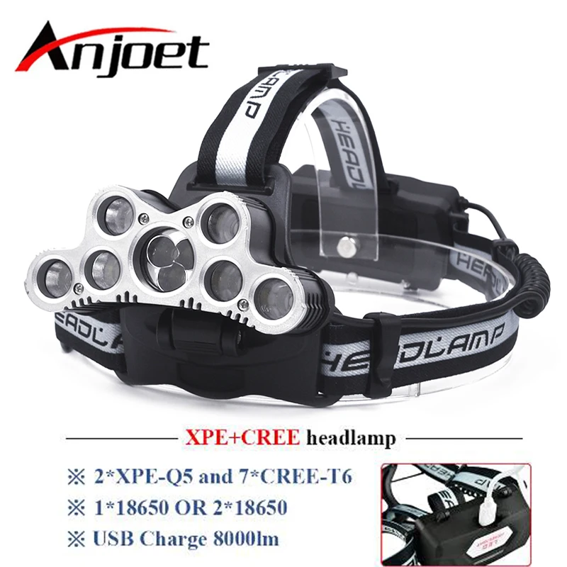 Фото Налобный фонарь Anjoet, суперяркий налобный фонарь 9 CREE XML T6, светодиодный фонарь, usb, 18650, мощный светодиодный фонарик №1