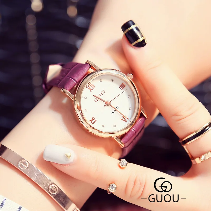 

Watches Women 2021 GUOU Top Brand Luxury Rhinestone Casual Dress Watch Leather Watchband Gold Dial Quartz Clock