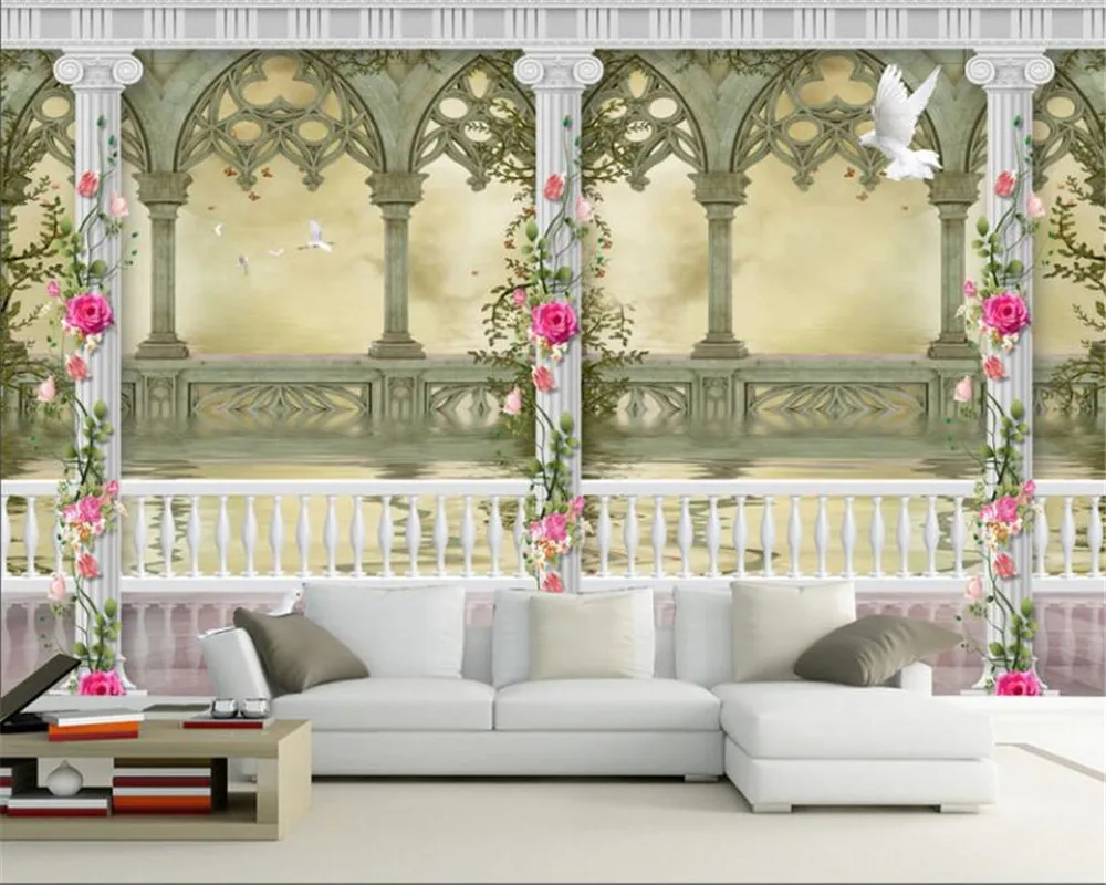 

Обои на заказ в европейском стиле, римская колонна, балкон, голуби, 3D гостиная, ТВ фон, Шелковый материал, 3D обои