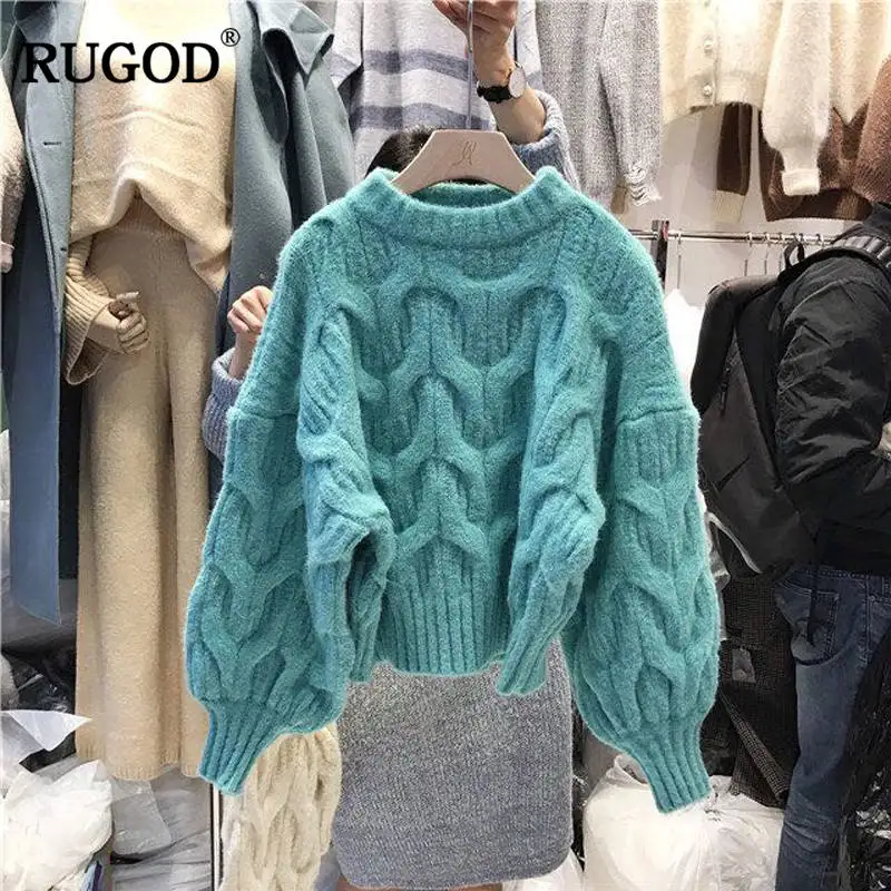 Небесно-голубой RUGOD модный однотонный Рождественский свитер с круглым вырезом и рукавом-фонариком, толстый зимний пуловер, Женский Повседневный короткий пуловер, Femme Hiver - Цвет: Небесно-голубой