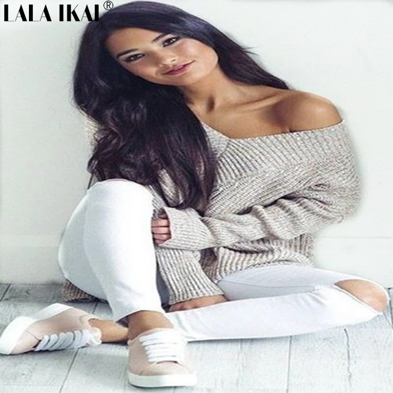 Осенние женские Slash шеи открытыми плечами сексуальный вязаный свитер 3 цвета