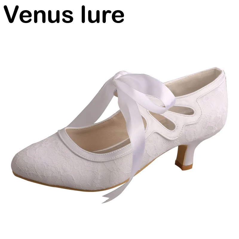

Custom Handmade Mary Jane Wedding Shoes Satin Lace Low Heel Women Pumps