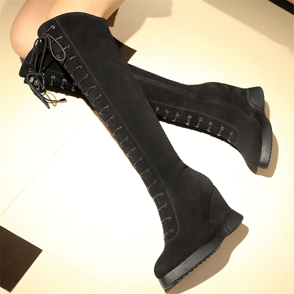 Модные Женщины Зима Колено Сапоги Высота Inclreasing Каблуки Замши Длинные Черный