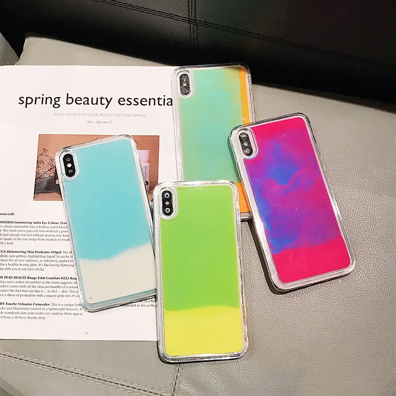 Светящийся неоновый песок сплошной цвет чехол для телефона для iPhone XR XS max X 6 7 8 plus светится в темноте Жидкий блеск зыбучий песок задняя крышка