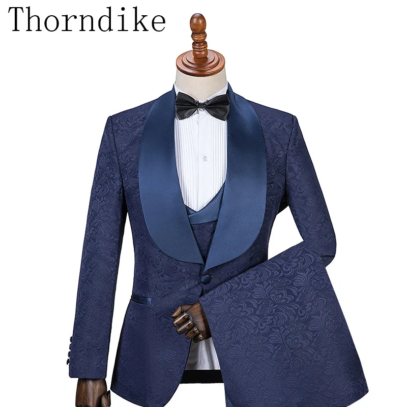 Популярные темно-синие жаккардовые мужские свадебные смокинги шаль с отворотом