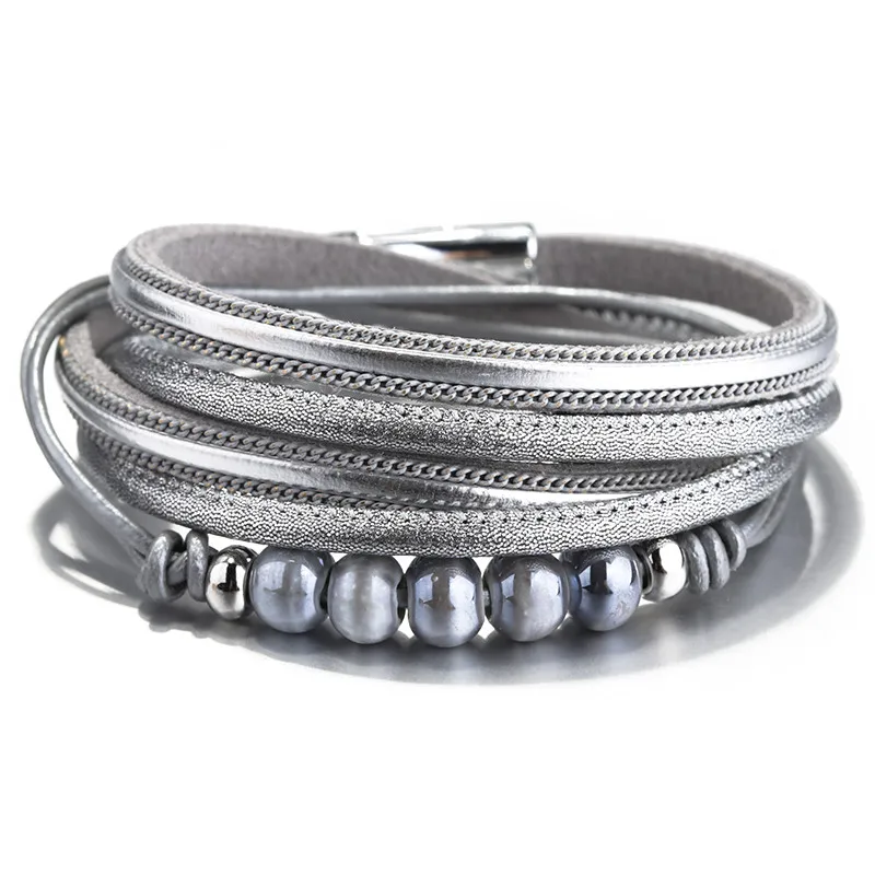 Amorcome Керамика бусины Кожаные браслеты для Для женщин модные Браслеты& Bangles, многослойные, в стиле бохо Обёрточная Бумага браслет женский ювелирные изделия - Окраска металла: Gray