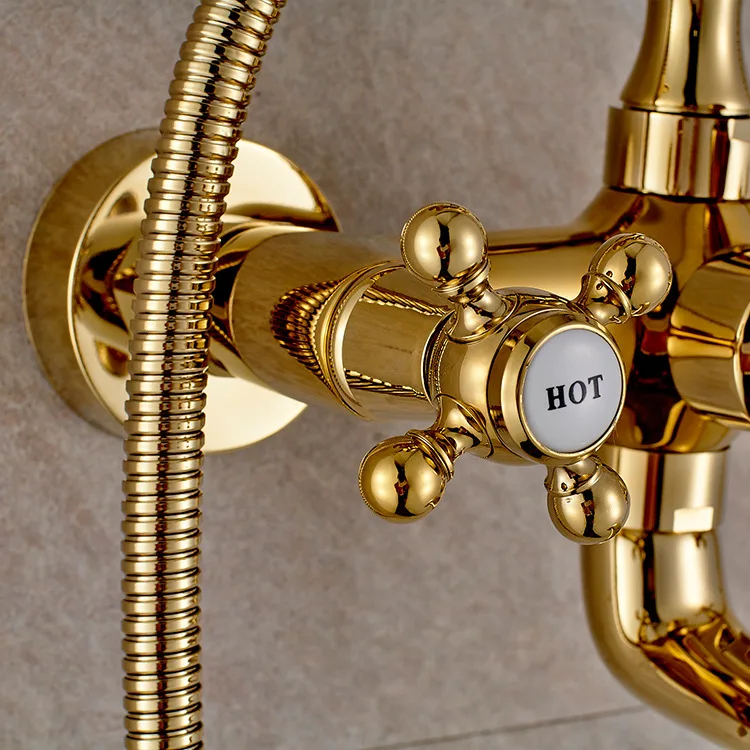 

Free shipping,copper material Luxury gold-plated bath shower mixer set with hand shower head bathtub faucet