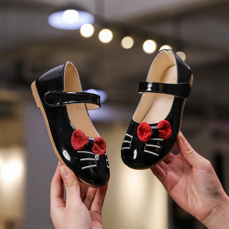 Sweet Girls Shoes Kids Leather Flats Children's Casual With Bow-knot Cute Cat Design Princess Soft Mary Janes 2020 Spring | Детская