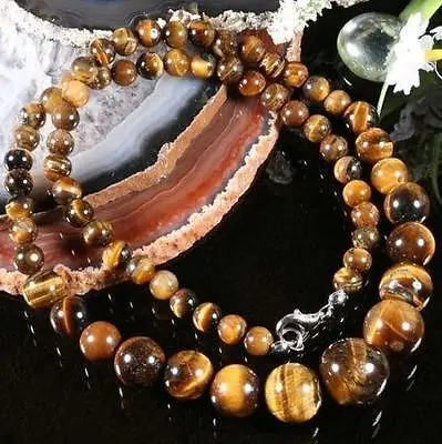 

6-14MM GENUINE TIGER EYE GEMS STONE ROUND BEADS NECKLACE 18