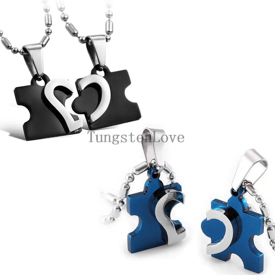 2pcs/pair Blue Black Stainless Steel Love Combining puzzle Necklace heart Pendant for Couples Jewelry Best Friend Necklaces