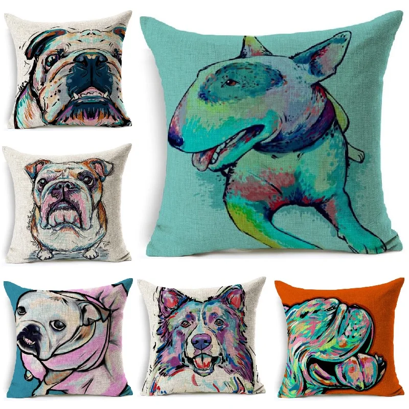 

Bull Terrier Cushion Cover Dog Pugs Painted Linen Throw Pillows Cover Car Sofa Home Decorative Pillowcase Decorativos 45x45cm