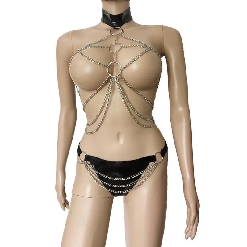 

Womens Sexy Metal Chain Bondage Drape Open Breast Top Vest with Studded Patent Leather Thong Bikini Lingerie Set Fetish Costume