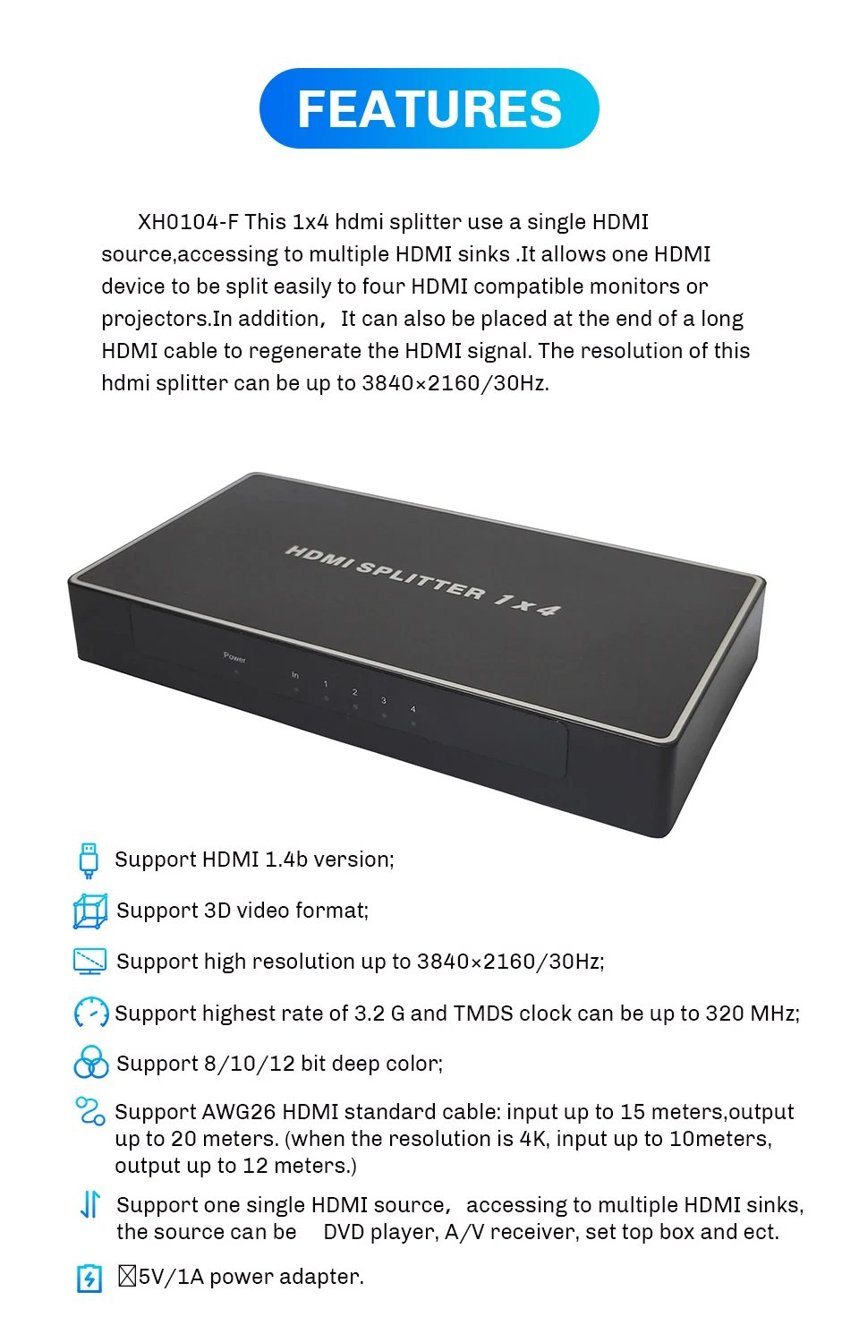 1X4 HDMI 4 К Splitter 1 в 4 из Поддержка 4 К 3D 1080P HDMI 1,4