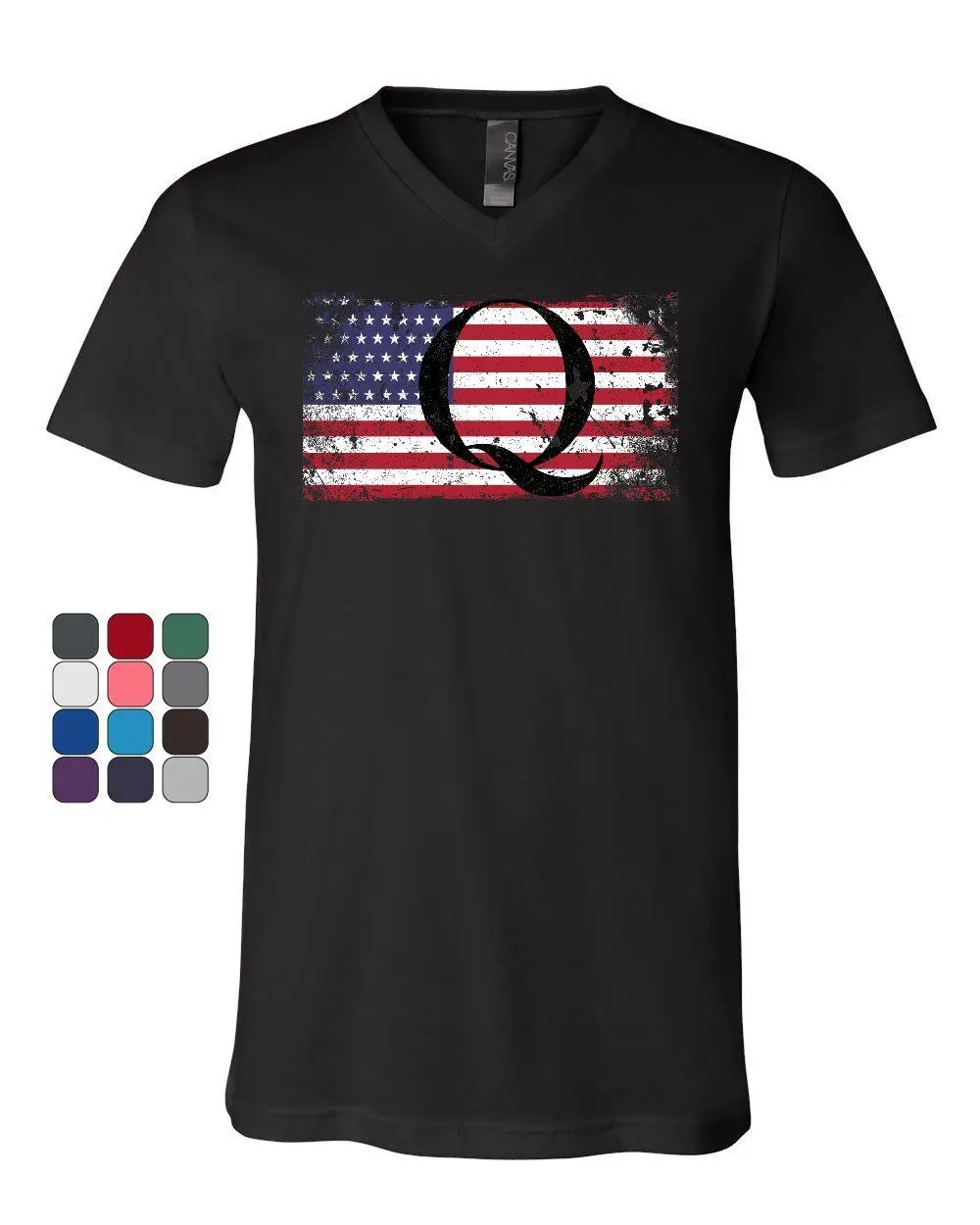 

Q on Stars and Stripes V-Neck T-Shirt QANON WWG1WGA American Patriot Tee