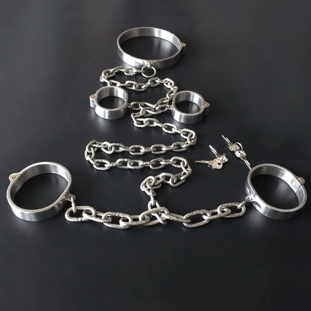 

Stainless Steel Hand Ankle Cuffs Neck Collar Adult Games Slave Bondage Restraints Metal Chain Handcuffs Leg Irons BDSM Fetish