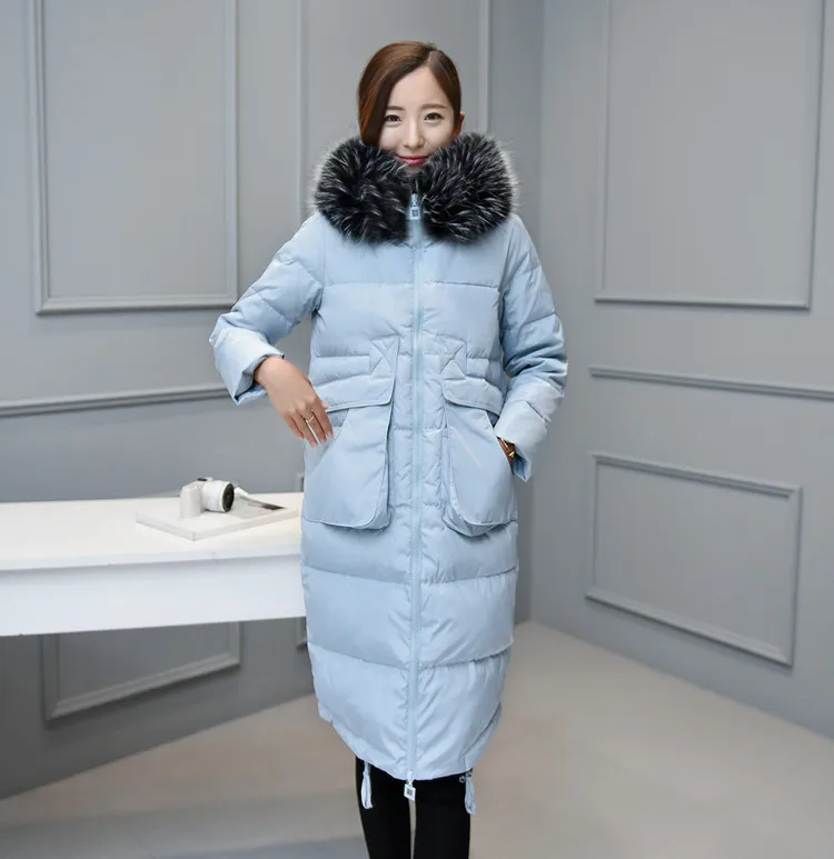 blue imitation fur Женская зимняя парка дамское длинное пуховое пальто куртки толстовки с воротником из меха енота размера плюс Топы S-5XL 6XL тонкое теплое пальто - Цвет: blue imitation fur