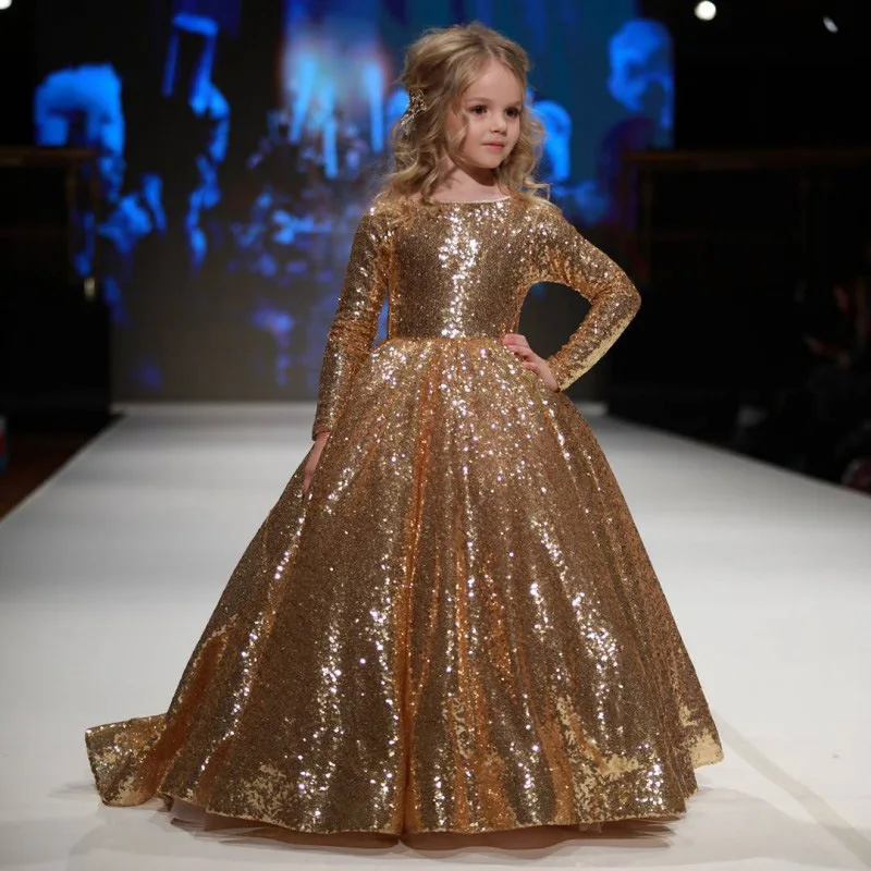 

Golden sequin dress princess children clothing stage dance show costume kids ball gowns for proms long sleeve party evening club