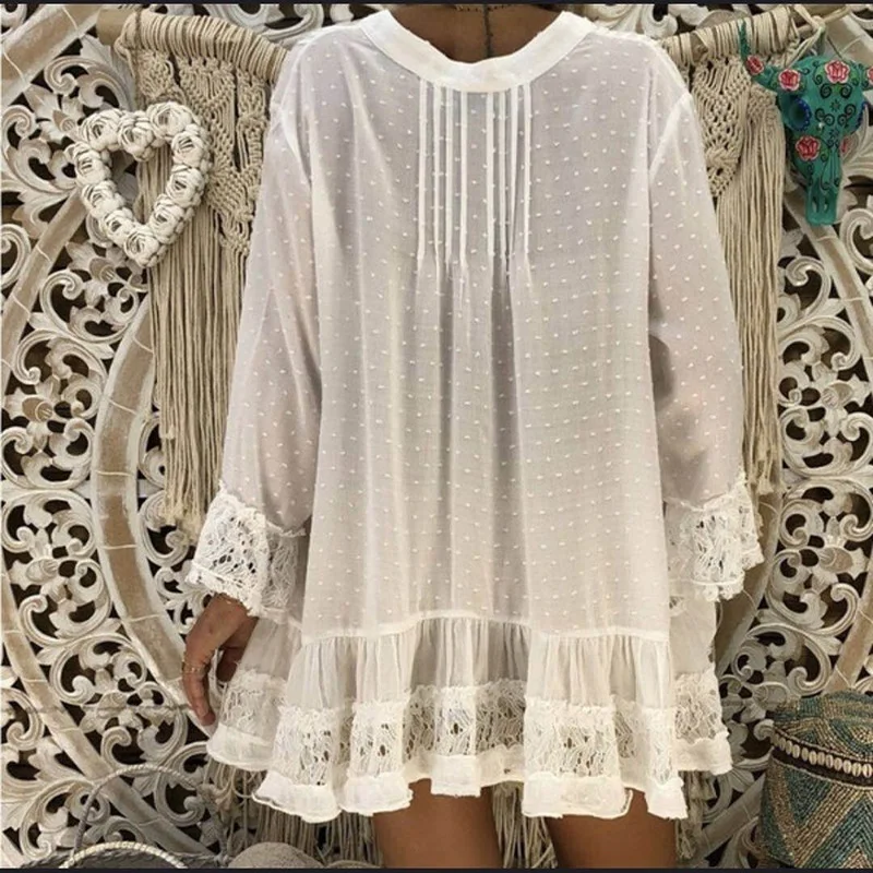 Женская блузка с длинным рукавом Boho свободная кружевная v образным вырезом