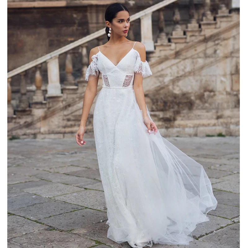 

Smileven Spaghetti Straps Boho Wedding Dress Sexy V Neck Bride Dresses Floor Length Elegant Lace Wedding Bridal Gowns 2019