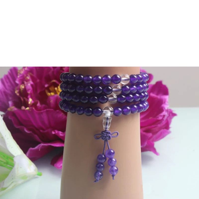 Браслеты из натурального фиолетового халцедона с белыми хрустальными бусинами