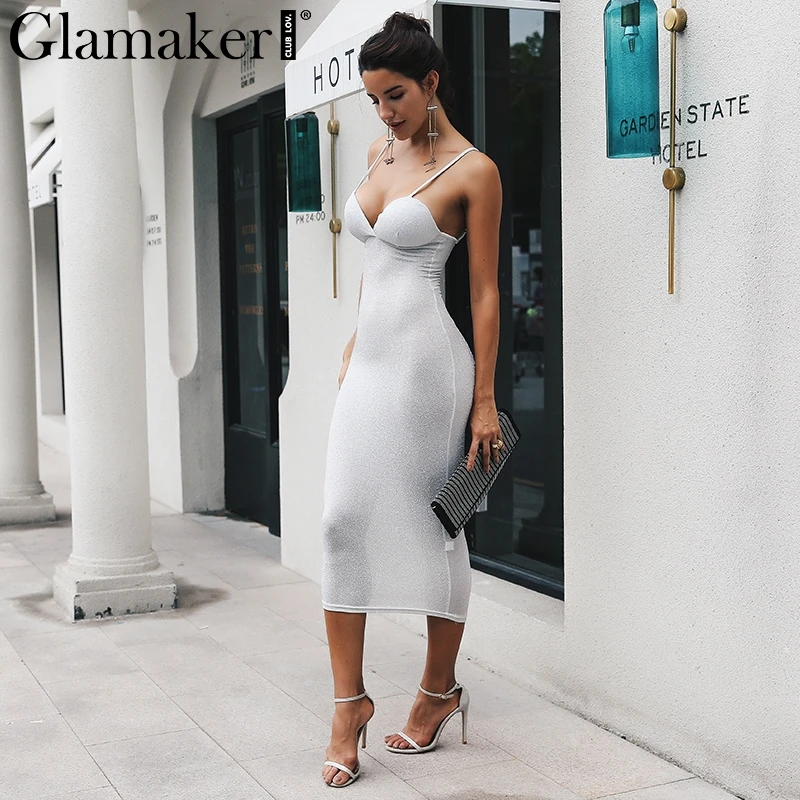 Glamaker люрекс без рукавов пляжное платье Для женщин bodycon Серебряный длинное