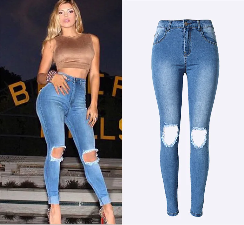 Модные потертые Узкие синие джинсы с высокой талией эластичные уличные