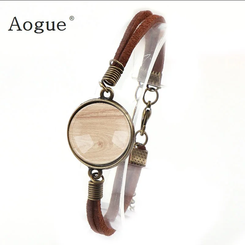 

Natural Brown Artificial Leather Bracelet Rock Biker Bracelets With Round Wood Grain Glass Cabochon
