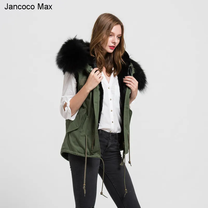 Jancoco Max новый зеленый жилет черная подкладка с настоящим воротники из меха енота