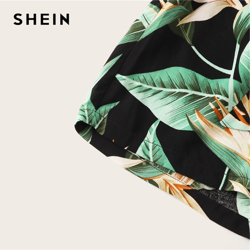 SHEIN/разноцветные богемные шорты с тропическим принтом и поясом, женские летние пляжные шорты для отдыха, повседневные эластичные шорты со средней талией и широкими штанинами