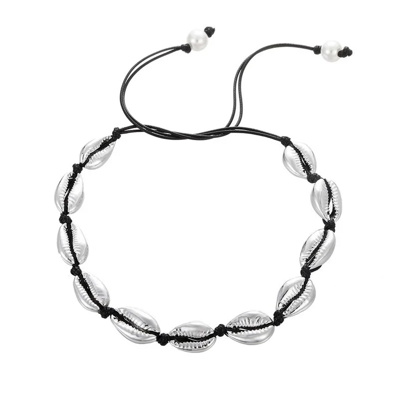 black silver Богемное пляжное модное ожерелье, черная бежевая веревка, цепочка, натуральная морская раковина, колье, ожерелье, летнее ювелирное изделие, женские подарки - Окраска металла: black silver