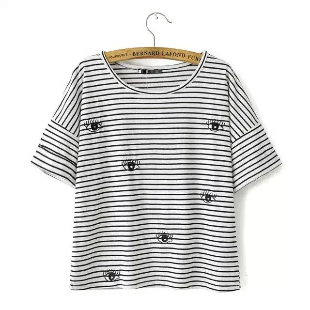 Fashion Brand New Women Cotton Striped Tee Shirts O-neck Casual Ladies T-shirt with Embroidered Eyes Leisure Vestidos | Женская одежда