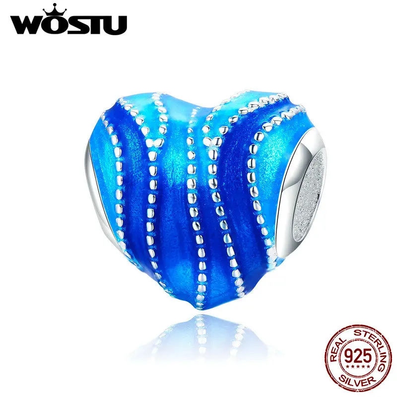 WOSTU, Новое поступление, натуральная 925 пробы, Серебряное сердце океана, бусины, градиентный Синий Шарм для женщин, брендовый серебряный браслет CQC787