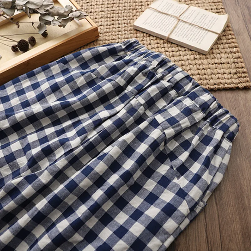 Женские брюки с поясом из хлопка и льна повседневные клетчатые до щиколотки на