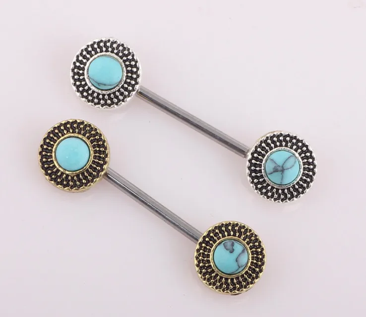 BN52005 10PCS Free Shipping women vintage industrial barbell multi functions blue stone cameo round disc nipple rings | Украшения и