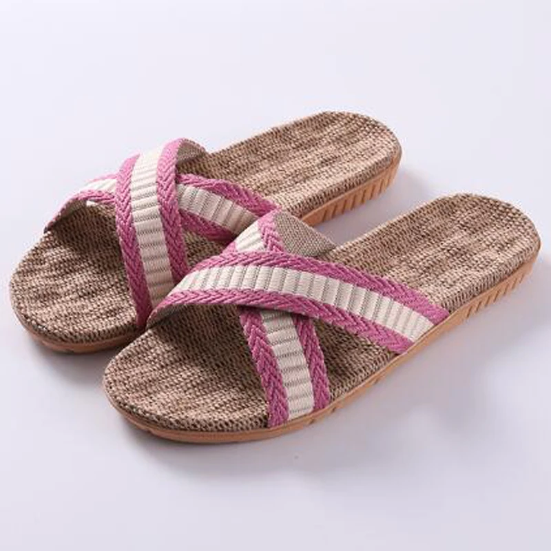 Сандалии женские льняные в поперечную полоску шлепанцы для дома и ванной пляжные
