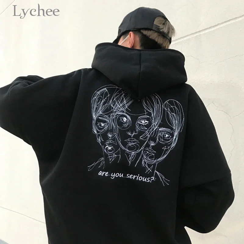 Lychee Harajuku панк осень зима для женщин толстовка с капюшоном голова вышивка длинным рукавом Повседневные Свободные флисовые толстовки спортивный костюм