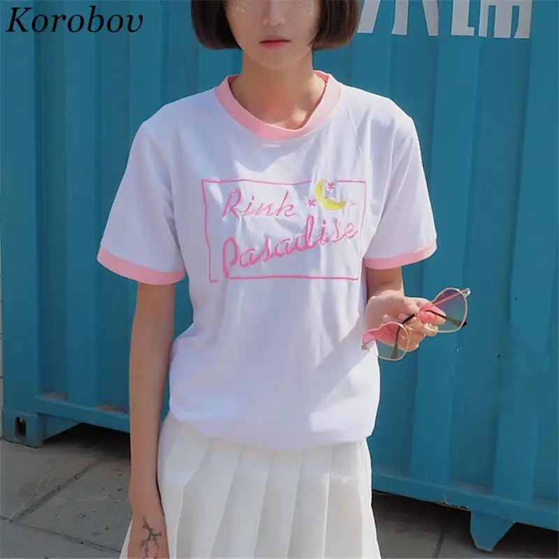 Коробова Harajuku японский футболка для Для женщин Moon письмо с вышивкой короткий