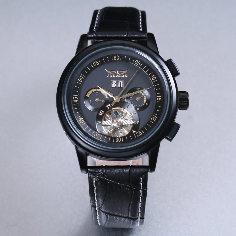 JARAGAR Skeleton Tourbillon Mechanical Watch Men Automatic Classic Rose Gold Leather Wrist Watches Reloj Hombre 2018 | Наручные часы
