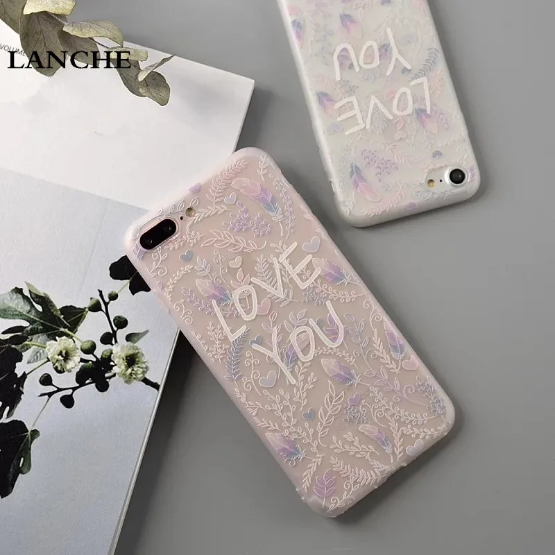 LANCHE Ultrathin TPU Phone Cases For iPhone 6 6S Plus 6Plus 7 7Plus Case Transparent Silicone Frosted Feather Flower Back Cover |