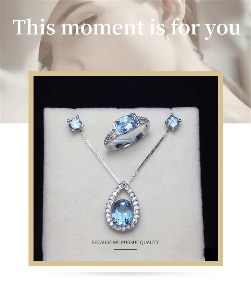 Природный камень Fine Jewelry наборы для Для женщин 925 Серебряное кольцо серьги колье подвески голубой топаз овал 3 шт. комплект CCS004-1
