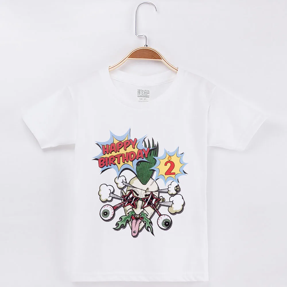 Novedades/ футболки для мальчиков на день рождения, в стиле панк-рок, с принтом, хлопок, короткая детская одежда футболка для маленьких девочек Детский костюм - Цвет: White 2Y