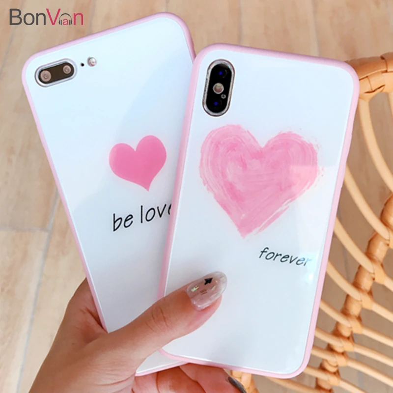 BONVAN закаленное Стекло чехол для iPhone X 7 8 Plus case красивое розовое сердце твердый переплет мягкий силиконовый бампер чехол на айфон 7 8 6S 6 плюс случай защиты чехлы на телефон
