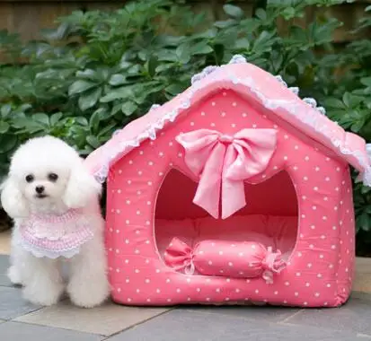 Милый домик для питомцев розовый с бантиком кровать собак съемный щенков зимние