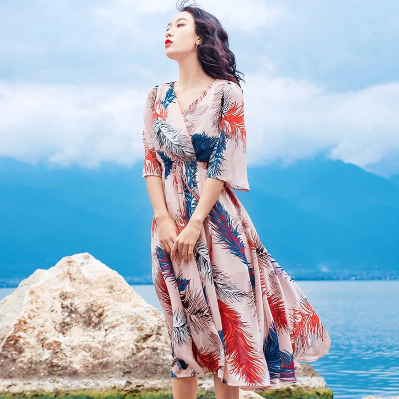 Шифоновое платье-макси с оборками V-образным вырезом и цветочным принтом |