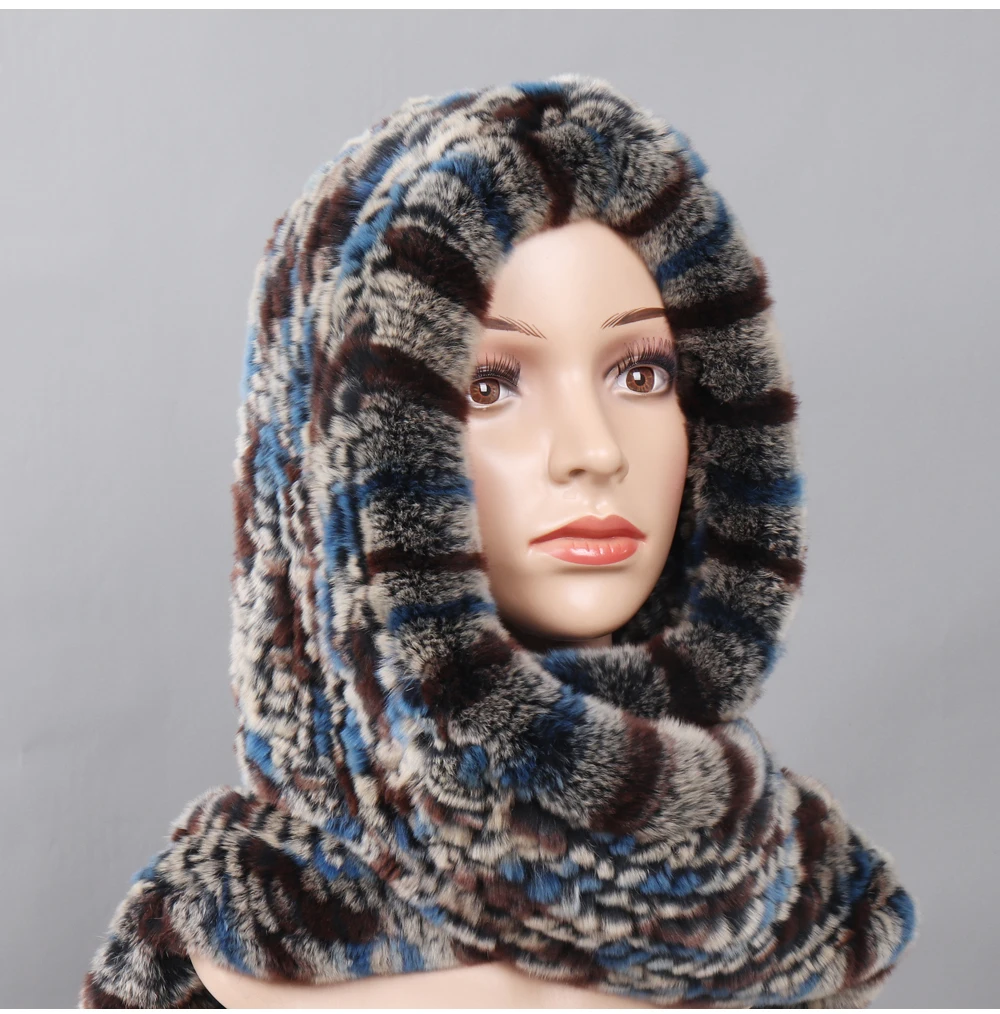 Новые русские женские шарфы с капюшоном из меха кролика рекс женские зимние теплые настоящий мех кролика шапки шарф вязаные шапки из натурального меха