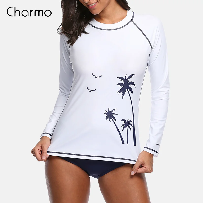 Charmo Women Swimsuit Long Sleeve Rashguard Swimwear Surfing Top Swimsuit Running Shirt Hiking Shirts Rash Guard UPF50+ T-Shirts
