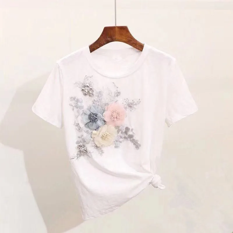 

2020 Limited Tumblr Kpop Unicorn Sale Korean Women Free Shipping 2021 Beaded T-shirt Female Summer Sleeve Flower Sequins Top